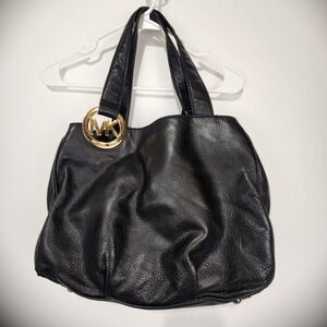 Michael Kors Women's Solid Black Leather With Gold Logo Shoulder Bag